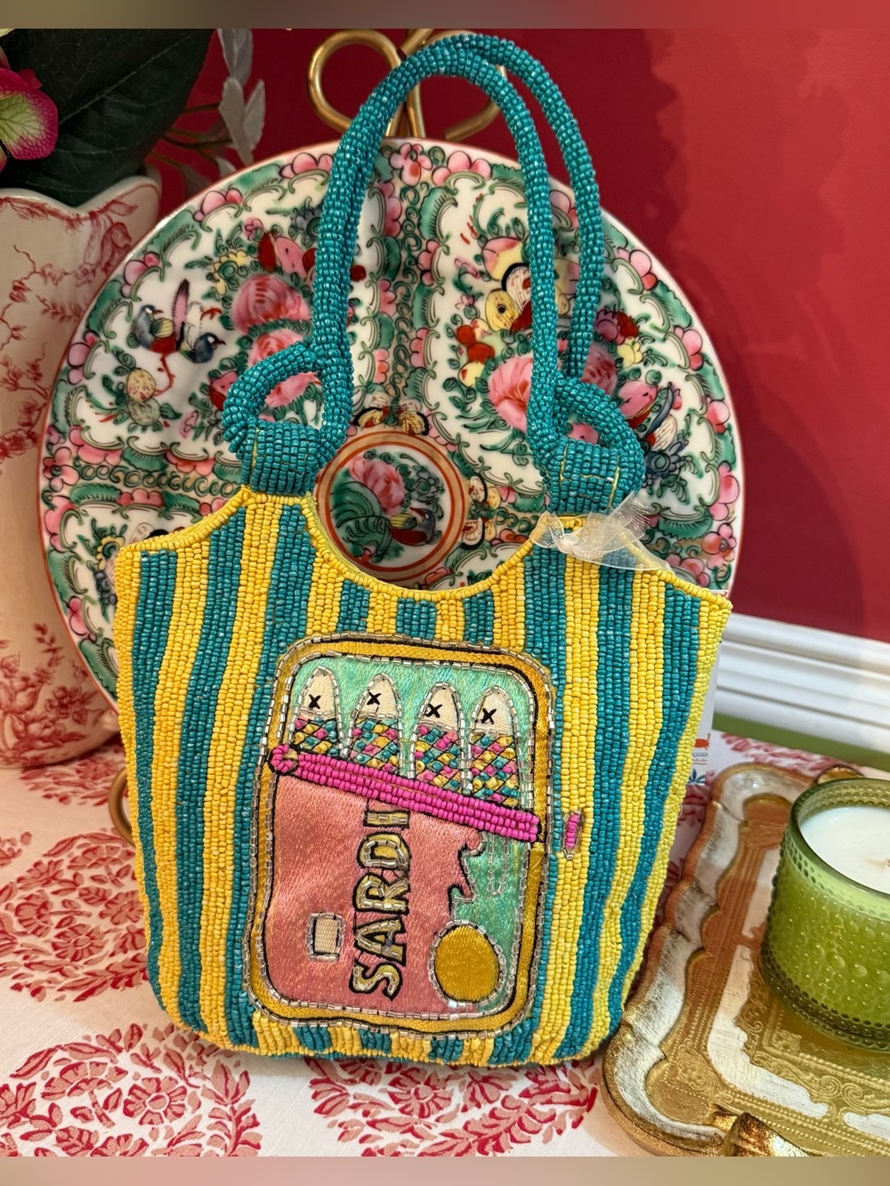 NWT Beaded Sardines Bag Purse Yellow Teal Pink Made in India